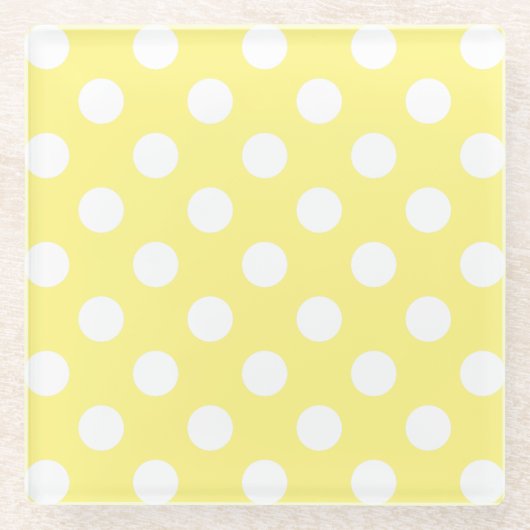 Weißer Polka Punkte auf Zitronengelb Glasuntersetzer (Vorderseite)