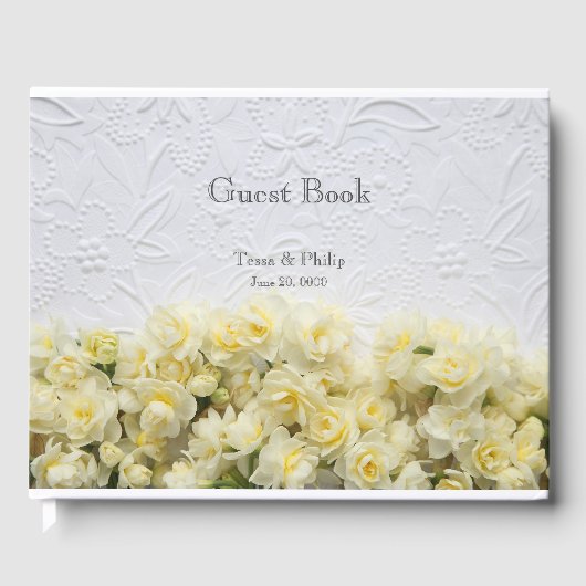 Weißer Prägelook mit gelben Narzissen Gästebuch (Vorderseite)