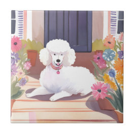 Weißer Pudel | Hund Haustier Wasserfarbe Blumen Fliese