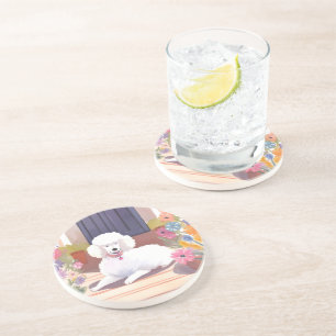 Weißer Pudel   Hund Haustier Wasserfarbe Blumen Getränkeuntersetzer