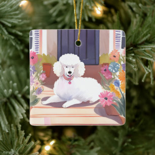Weißer Pudel Hund Haustier Wasserfarbe Blumen Keramikornament