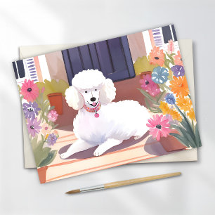 Weißer Pudel   Hund Haustier Wasserfarbe Blumen Postkarte