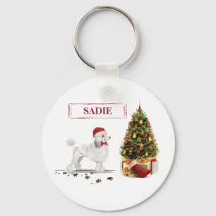 Weißer Pudel Lustiger Weihnachtshund mit Baum Schlüsselanhänger