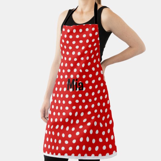 Weißer Punkt roter Hintergrund mit Namen klassisch Schürze (InSitu)