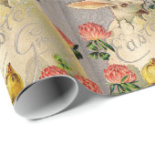 WEISSER RABBIT, CHICKEN, PINK-BLUME UND OSTEREI GESCHENKPAPIER (Rolleneckpunkt)