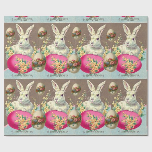 WEISSER RABBIT MIT OSTEREN EI- UND FRÜHBLUMEN GESCHENKPAPIER (Flach)