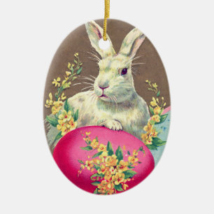 WEISSER RABBIT MIT OSTEREN EI- UND FRÜHBLUMEN KERAMIK ORNAMENT