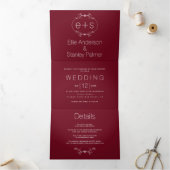 Weißer Rahmen und Initialen Monogramm Bordeaux Hoc Dreifach Gefaltete Einladung (Innenseite)