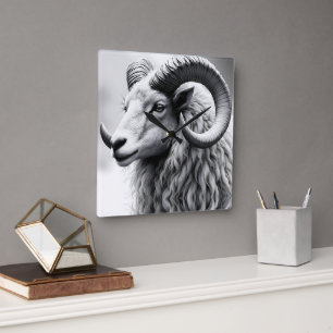 Weißer Ram in Schwarz und Weiß Quadratische Wanduhr