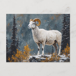 Weißer Ram Stehend auf dem Snowy Mountain Postkarte