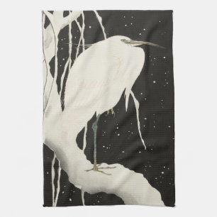 Weißer Reiher Vogel schneebedeckter Winter Vintage Geschirrtuch