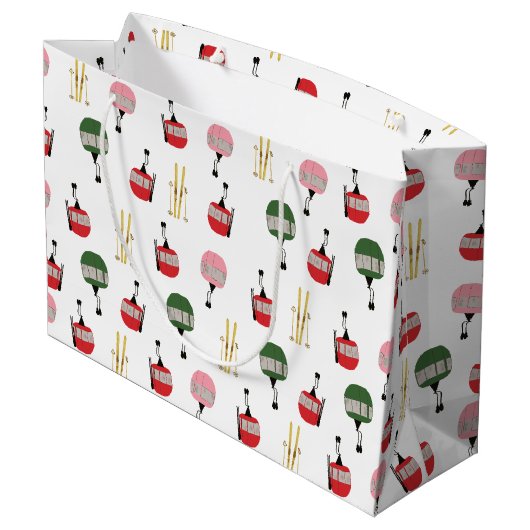 Weißer Retro Skilift Gondelbahn Winterski Große Geschenktüte (Rückseite Schrägansicht)