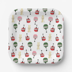 Weißer Retro Skilift Gondelbahn Winterski Pappteller