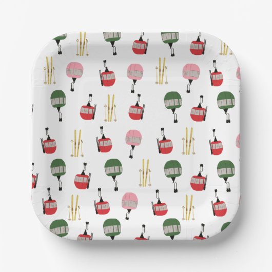 Weißer Retro Skilift Gondelbahn Winterski Pappteller (Vorderseite)