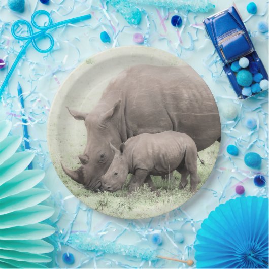 Weißer Rhino-u. Baby-PapierTeller Pappteller (Party)