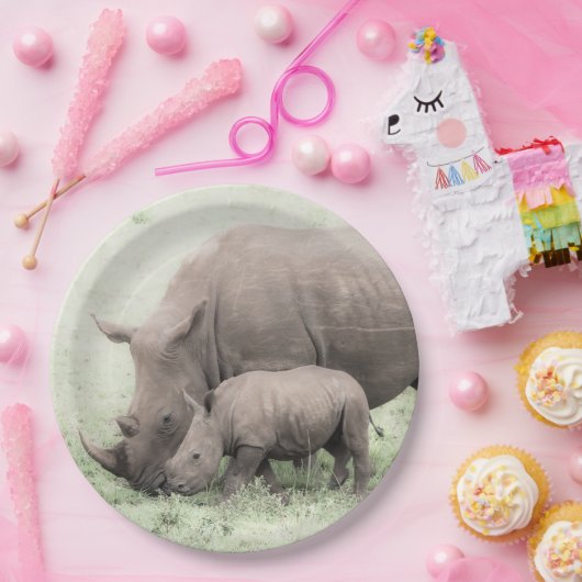Weißer Rhino-u. Baby-PapierTeller Pappteller (Party)