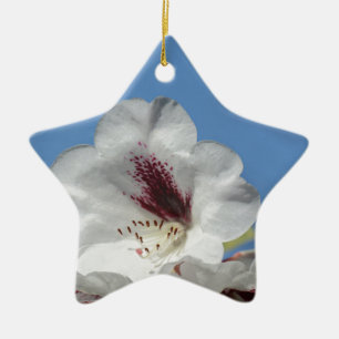 Weißer Rhododendron mit Burgunderrot Keramik Ornament