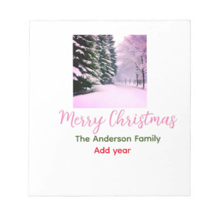 Weißer rosa Schnee frohe Weihnachten Familienname Notizblock