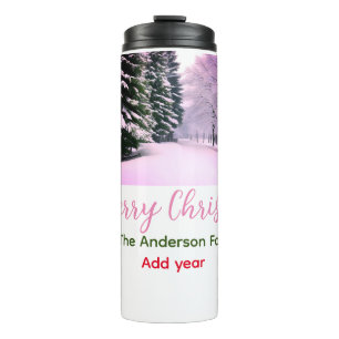Weißer rosa Schnee frohe Weihnachten Familienname  Thermosbecher