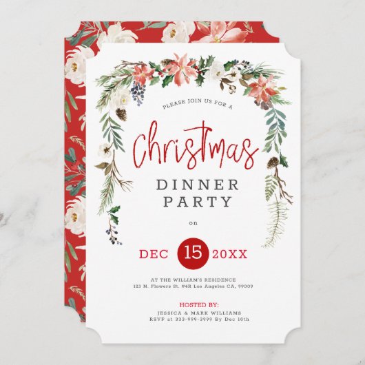 Weißer Rosen & Weihnachtskranz Dinner einladen Einladung (Vorne/Hinten)