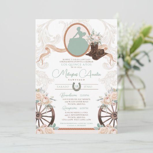 Weißer Rosengarten Elegante Charro Western Quincea Einladung (Stehend Vorderseite)