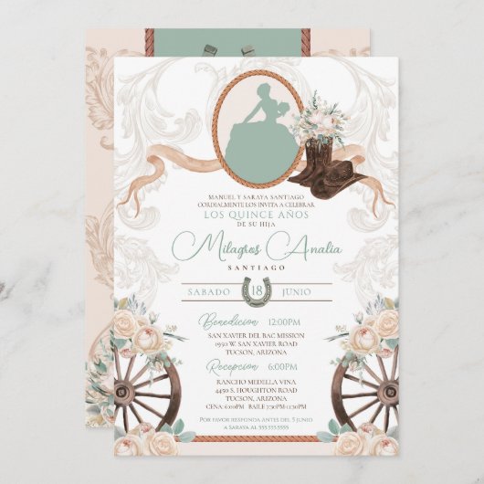 Weißer Rosengarten Elegante Charro Western Quincea Einladung (Vorne/Hinten)
