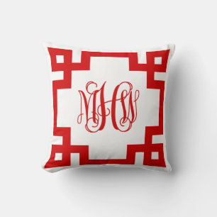 Weißer roter griechischer Schlüssel Reben-Monogram Kissen