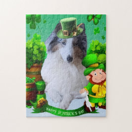Weißer Rough Collie feiert St. Patrick's Day Puzzle