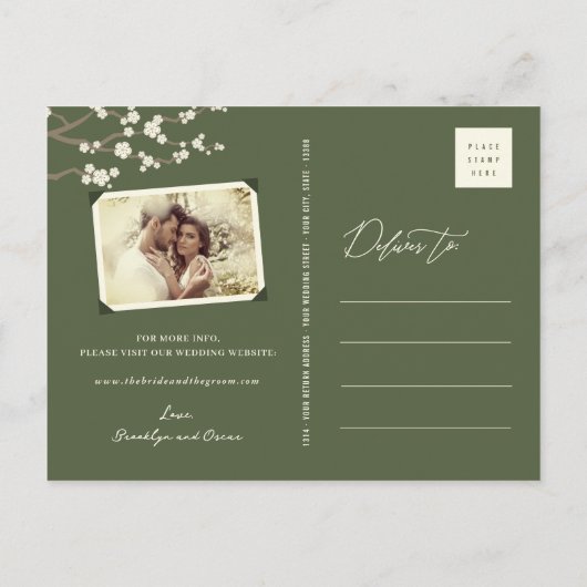 Weißer Sakura Kirschblüten Asiatisch Save the Date Ankündigungspostkarte (Rückseite)