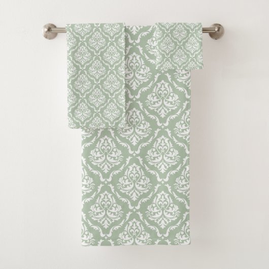 Weißer Salbei-grüner Vintage-Damask-Muster Badhandtuch Set (Insitu)