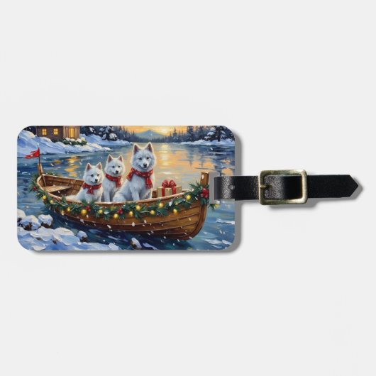 Weißer Samojede Weihnachtsboot Urlaub Gepäckanhänger (Vorderseite horizontal)