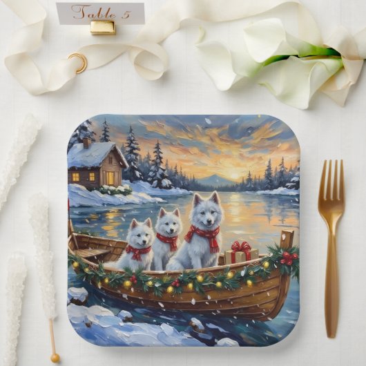 Weißer Samojede Weihnachtsboot Urlaub Pappteller (Hochzeit)