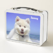 Weißer Samoyed Hund auf Light Blue Metall Brotdose (Rückseite)