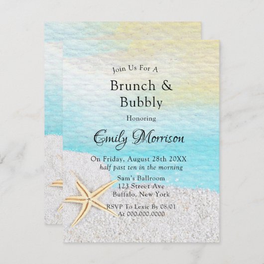 Weißer Sandbrunch am Strand und Bubbly Einladung (Vorne/Hinten)