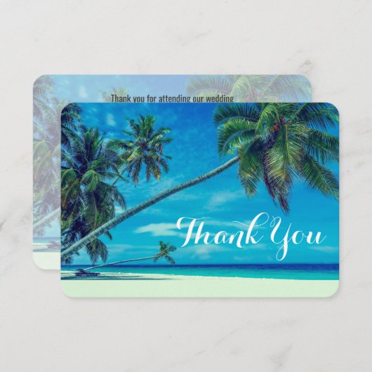 Weißer Sandstrand mit Palmenbäumen Hochzeitsdank Einladung (Vorne/Hinten)