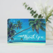 Weißer Sandstrand mit Palmenbäumen Hochzeitsdank Einladung (Stehend Vorderseite)
