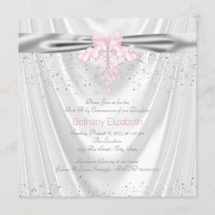Weißer Satin Glitter Rosa Kreuz Erstkommunion Einladung