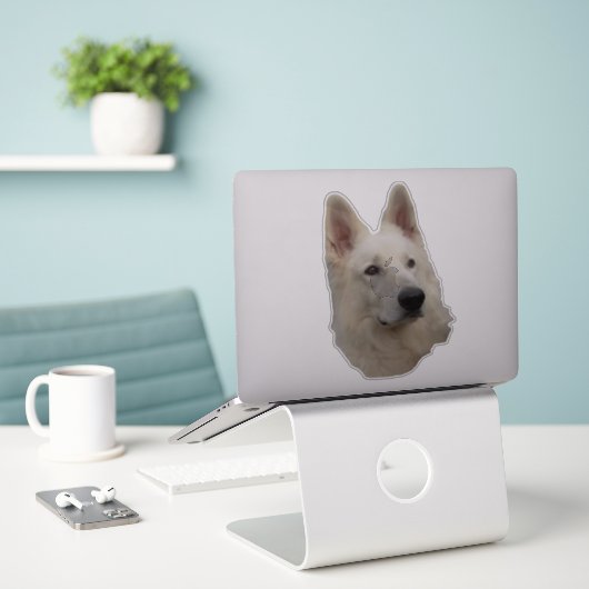 weisser Schäferhund Kopf Aufkleber (Laptop auf Schreibtisch)