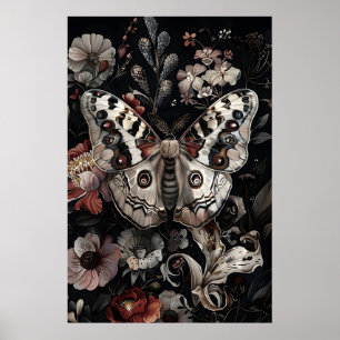 Weißer Schmetterling im dunklen Blumengarten, mela Poster