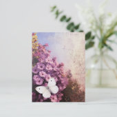 Weißer Schmetterling Purple Blumen Impressionist Postkarte (Stehend Vorderseite)