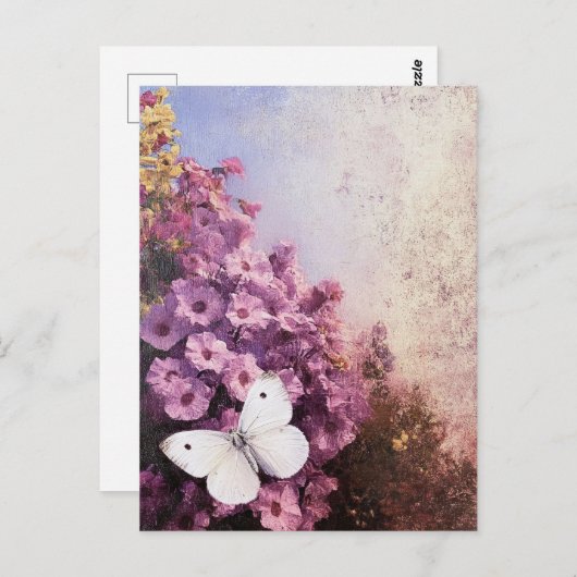 Weißer Schmetterling Purple Blumen Impressionist Postkarte (Vorne/Hinten)