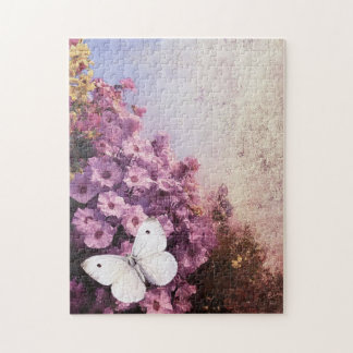 Weißer Schmetterling Purple Blumen Impressionist Puzzle