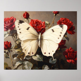 Weißer Schmetterling ruht zwischen lebendigen rote Poster