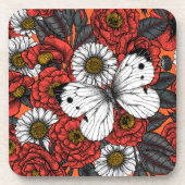 Weißer Schmetterling und Rose Getränkeuntersetzer (Vorderseite)