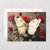 Weißer Schmetterling unter lebendigen Rote Rosen Postkarte (Vorne/Hinten)