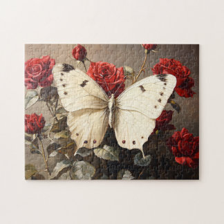 Weißer Schmetterling unter lebendigen Rote Rosen Puzzle