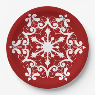 Weißer Schneeflocken auf Crimson Red Pappteller