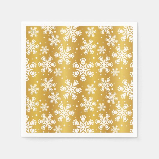 Weißer Schneeflocken auf Gold mit Pfotenmuster Serviette (Vorderseite)