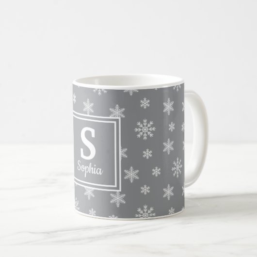 Weißer Schneeflocken Grau Kaffeetasse (VorderseiteRechts)