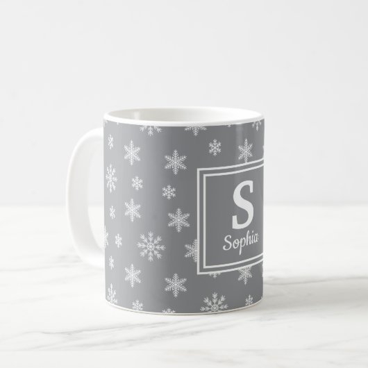 Weißer Schneeflocken Grau Kaffeetasse (Vorderseite Links)